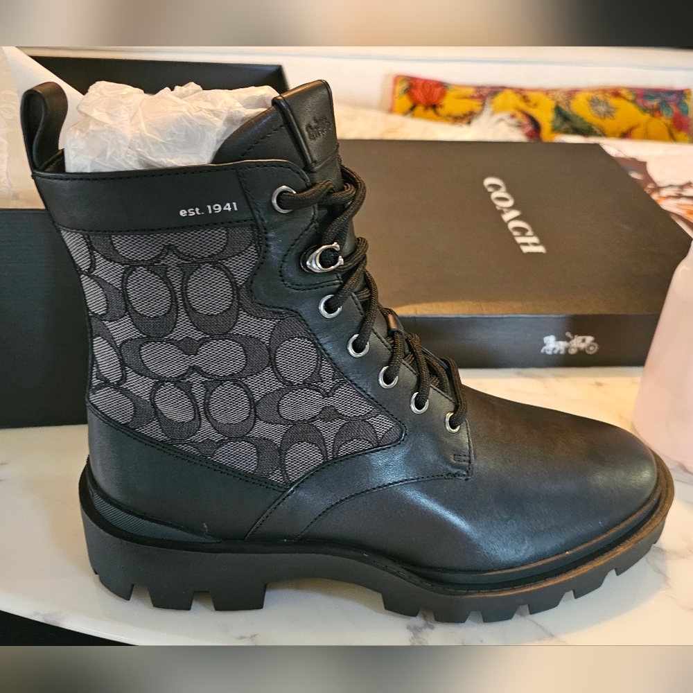 Coach Black Leather & Signature Canvas Combat Boots